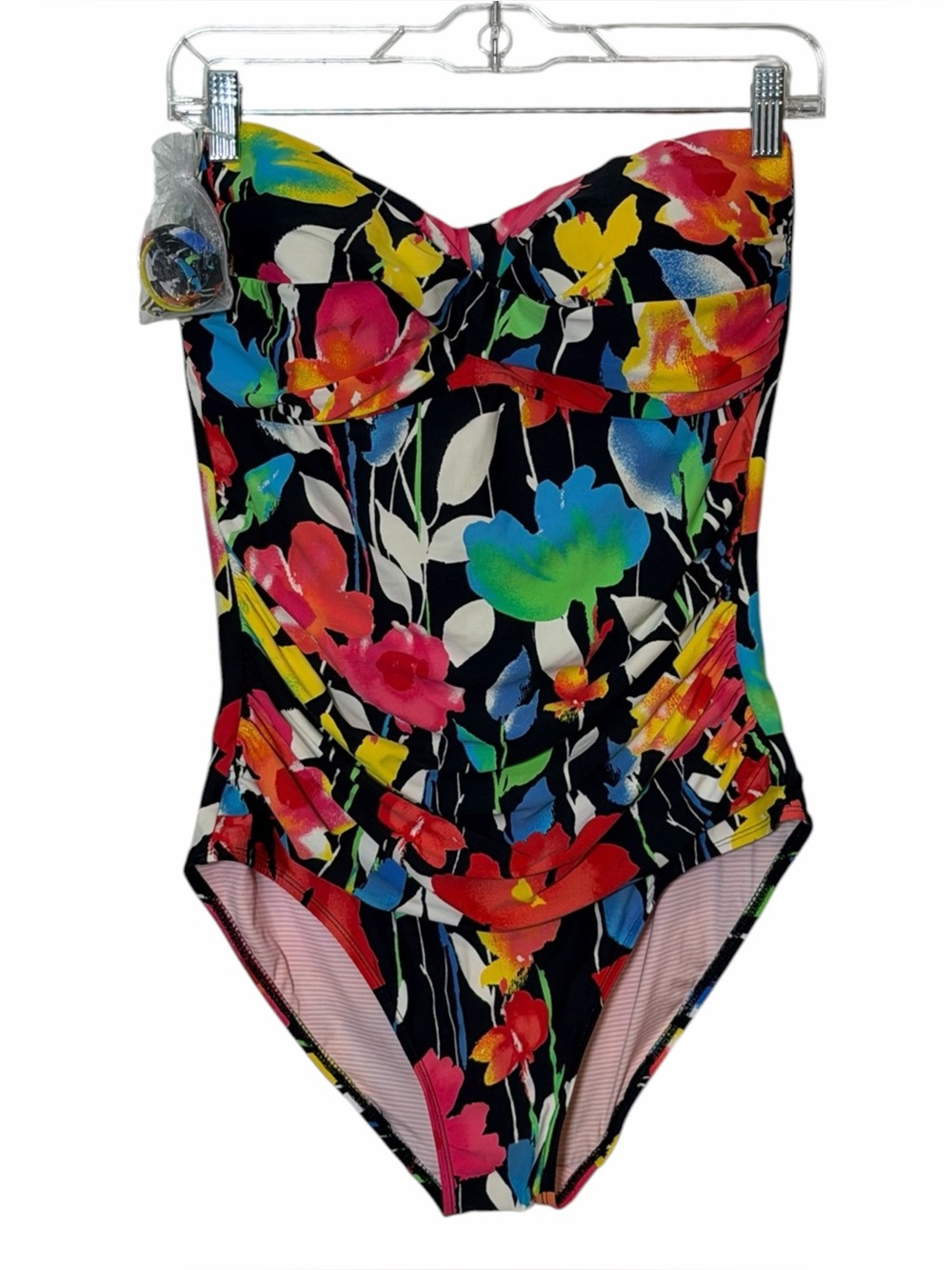 Anne Cole Twist Front Shirred One Piece Swimsuit Floral Black Size 12